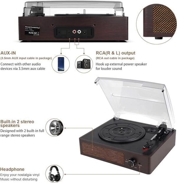 Vinyl Record Player Turntable with Built-in Bluetooth Receiver & 2 Stereo Speakers, 3 Speed 3 Size Portable Retro Record Player for Entertainment and Home Decoration