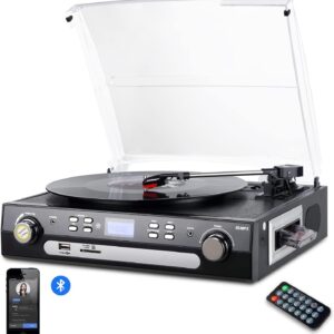 DIGITNOW Bluetooth Record Player with Stereo Speakers, Turntable for Vinyl to MP3 with Cassette Play, AM/FM Radio, Remote Control, USB/SD Encoding, 3.5mm Music Output Jack(Black)