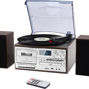 MUSITREND 10 in 1 Record Player with External Speakers,3 Speed Bluetooth Turntable Vinyl Player with CD/Cassette Play,AM/FM Radio, USB/SD Encoding,Aux-in/RCA Line Out