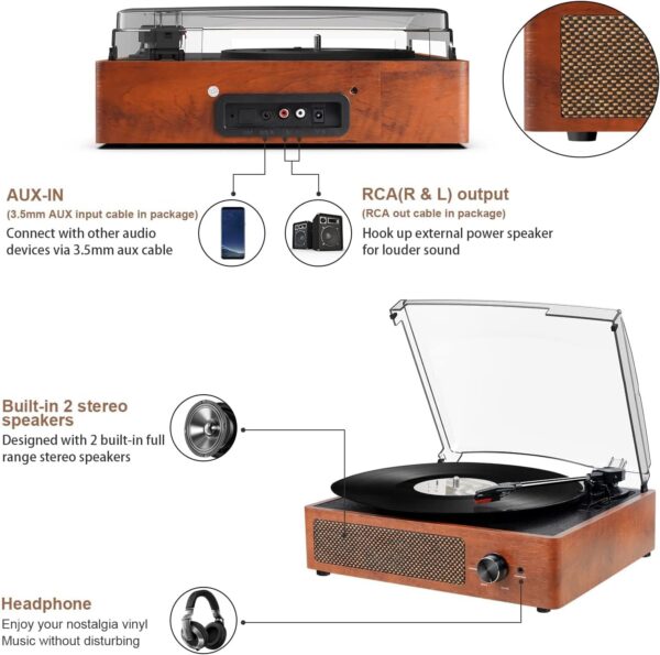 Vinyl Record Player Bluetooth Turntable with 2 Built-in Speakers 3-Speed Vintage LP Player for Entertainment and Home Decoration