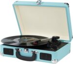 Vinyl Record Player, 3 Speeds Suitcase Portable Record Player with Built-in Speakers, Vintage Belt Driven Turntable with RCA Output/Headphone/Aux in Jack/45 Adapter Blue