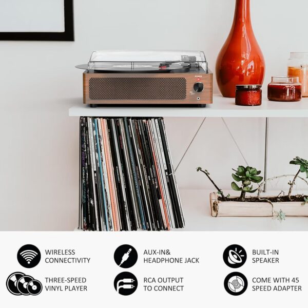 WOCKODER Vinyl Record Players Vintage Turntable for Vinyl Records with Speakers Belt-Driven Turntables Support 3-Speed, Bluetooth Wireless Playback, Headphone, AUX-in, RCA Line LP Vinyl Players Black