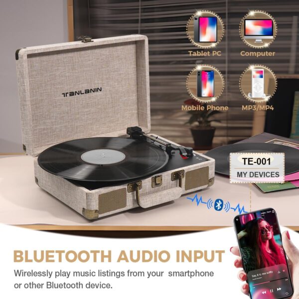 Vinyl Record Player Bluetooth Vintage 3-Speed Portable Suitcase Turntables with Built-in Speakers, Belt-Driven LP Player Support USB Recording AUX-in RCA Line Out Headphone Jack, White