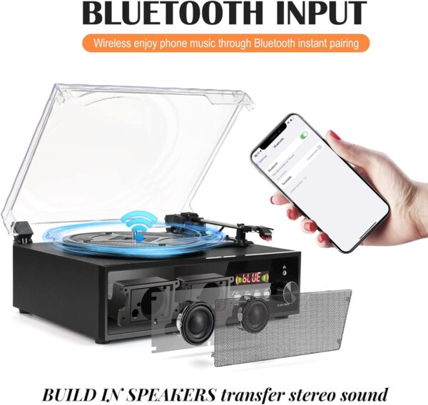 Vinyl Record Player Bluetooth with USB Digital FM Radio Remote Control Vintage Turntable for Vinyl Records with Speakers 3 Input RCA Line Out