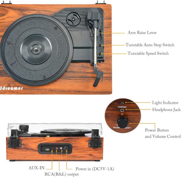 Vinyl Record Player Wireless Turntable with Built-in Speakers and USB Belt-Driven Vintage Phonograph Record Player 3 Speed for Entertainment and Home Decoration