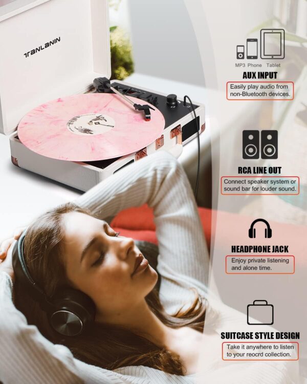 Vinyl Record Player Bluetooth Vintage 3-Speed Portable Suitcase Turntables with Built-in Speakers, Belt-Driven LP Player Support USB Recording AUX-in RCA Line Out Headphone Jack, White