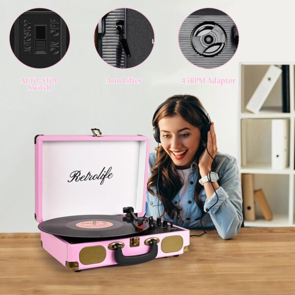 Vinyl Record Player 3-Speed Bluetooth Suitcase Portable Belt-Driven Record Player with Built-in Speakers RCA Line Out AUX in Headphone Jack Vintage Turntable