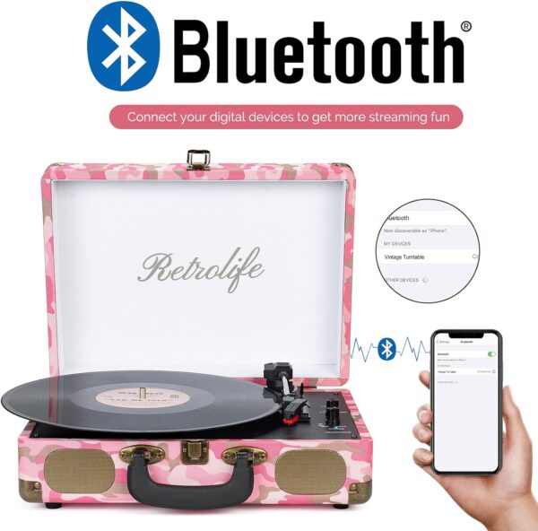 Vinyl Record Player 3-Speed Bluetooth Suitcase Portable Belt-Driven Record Player with Built-in Speakers RCA Line Out AUX in Headphone Jack Vintage Turntable