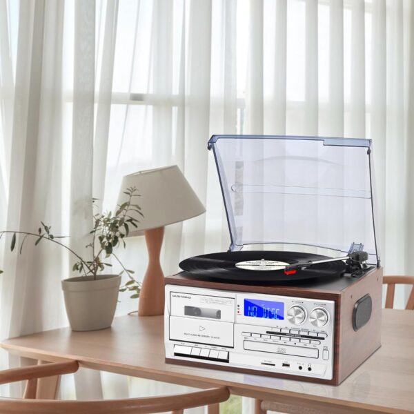 MUSITREND Record Player 9 in 1 3 Speed Bluetooth Vintage Turntable CD Cassette Vinyl Player AM/FM Radio USB/SD Encoding Aux-in RCA Line-Out (Silver)