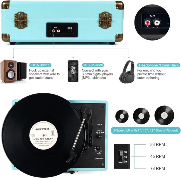 Record Player with Speakers 3-Speed Bluetooth Suitcase Portable Vinyl Record Player Belt-Driven RCA Line Out AUX in Headphone Jack Vinyl Vintage Turntable Blue