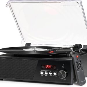 Vinyl Record Player Bluetooth with USB Digital FM Radio Remote Control Vintage Turntable for Vinyl Records with Speakers 3 Input RCA Line Out