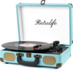 Record Player with Speakers 3-Speed Bluetooth Suitcase Portable Vinyl Record Player Belt-Driven RCA Line Out AUX in Headphone Jack Vinyl Vintage Turntable Blue