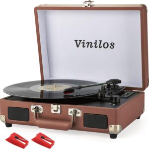 Record Player for Vinyl with Built-in Speakers Bluetooth Output,3 Speed Belt-Driven Phonograph Retro Turntable Player, Portable Vintage Suitcase LP Player USB Recording, Includes 2 Extra Stylus