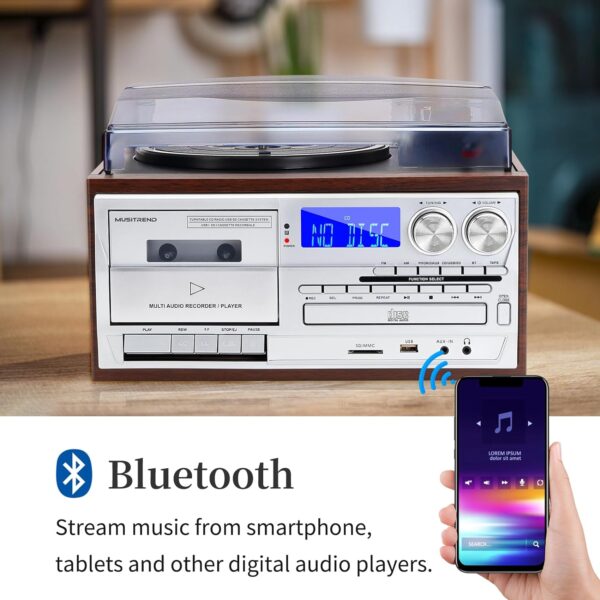 MUSITREND Record Player 9 in 1 3 Speed Bluetooth Vintage Turntable CD Cassette Vinyl Player AM/FM Radio USB/SD Encoding Aux-in RCA Line-Out (Silver)