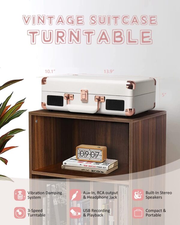 Vinyl Record Player Bluetooth Vintage 3-Speed Portable Suitcase Turntables with Built-in Speakers, Belt-Driven LP Player Support USB Recording AUX-in RCA Line Out Headphone Jack, White