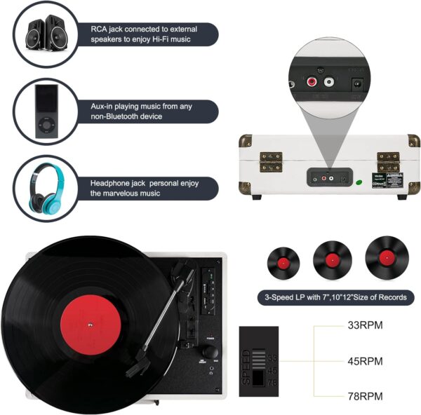 Record Player for Vinyl with Built-in Speakers Bluetooth Output,3 Speed Belt-Driven Phonograph Retro Turntable Player, Portable Vintage Suitcase LP Player USB Recording, Includes 2 Extra Stylus