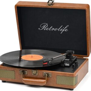 Retrolife Record Player 3 Speed Bluetooth Portable Suitcase Vinyl Player with Built-in Speakers Turntable Enhanced Audio Sound PU Leather Vintage Blue