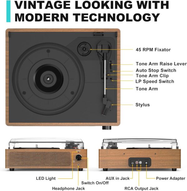 WOCKODER Vinyl Record Players Vintage Turntable for Vinyl Records with Speakers Belt-Driven Turntables Support 3-Speed, Bluetooth Wireless Playback, Headphone, AUX-in, RCA Line LP Vinyl Players Black