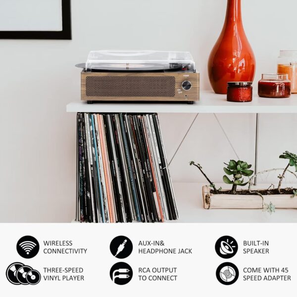 WOCKODER Vinyl Record Players Vintage Turntable for Vinyl Records with Speakers Belt-Driven Turntables Support 3-Speed, Bluetooth Wireless Playback, Headphone, AUX-in, RCA Line LP Vinyl Players Black