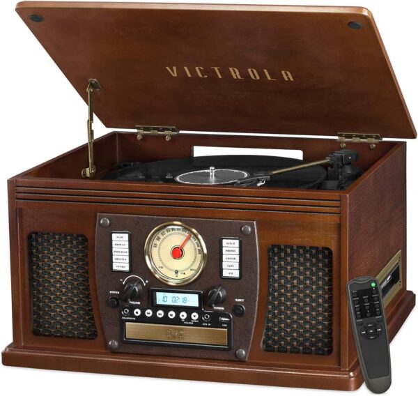 Victrola 8-in-1 Bluetooth Record Player & Multimedia Center, Built-in Stereo Speakers - Turntable, Wireless Music Streaming, Real Wood | Oak