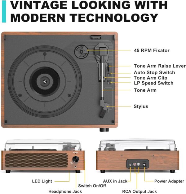 WOCKODER Vinyl Record Players Vintage Turntable for Vinyl Records with Speakers Belt-Driven Turntables Support 3-Speed, Bluetooth Wireless Playback, Headphone, AUX-in, RCA Line LP Vinyl Players Black