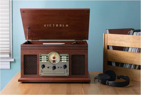 Victrola Nostalgic 6-in-1 Bluetooth Record Player & Multimedia Center with Built-in Speakers - 3-Speed Turntable, CD & Cassette Player, FM Radio | Wireless Music Streaming | Mahogany