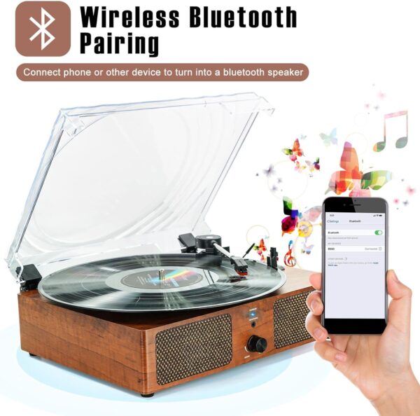 Record Player Bluetooth Turntable for Vinyl with Speakers & USB Player,Vinyl to USB,3 Speed Belt Driven LP Vintage Phonograph for Home Decoration