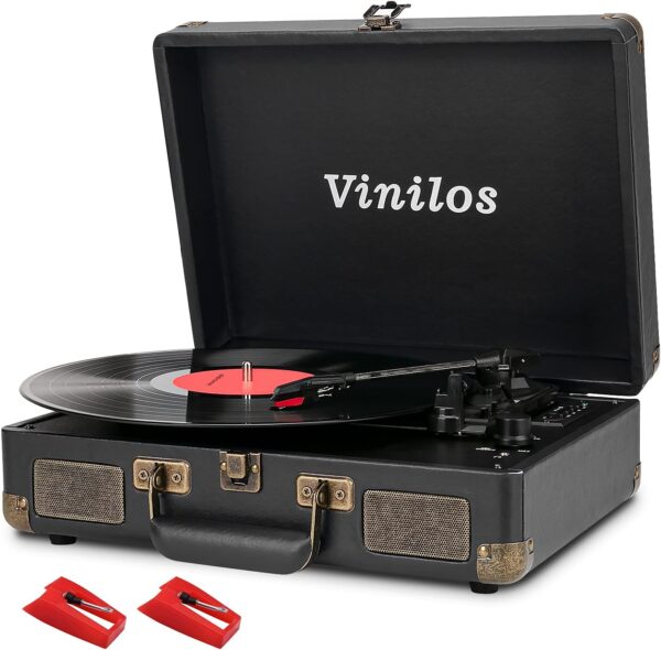 Record Player for Vinyl with Built-in Speakers Bluetooth Output,3 Speed Belt-Driven Phonograph Retro Turntable Player, Portable Vintage Suitcase LP Player USB Recording, Includes 2 Extra Stylus