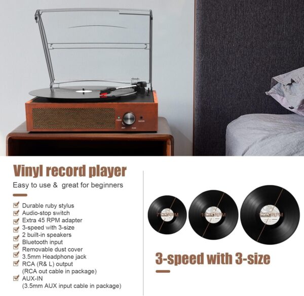 Vinyl Record Player Bluetooth Turntable with 2 Built-in Speakers 3-Speed Vintage LP Player for Entertainment and Home Decoration