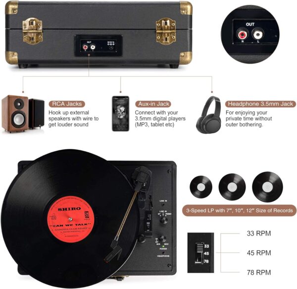 Vinyl Record Player 3-Speed Bluetooth Suitcase Portable Belt-Driven Record Player with Built-in Speakers RCA Line Out AUX in Headphone Jack Vintage Turntable