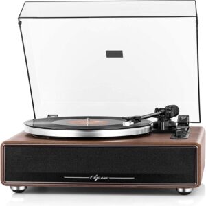 1 by ONE High Fidelity Belt Drive Turntable with Built-in Speakers, Vinyl Record Player with Magnetic Cartridge, Bluetooth Playback and Aux-in Functionality, Auto Off