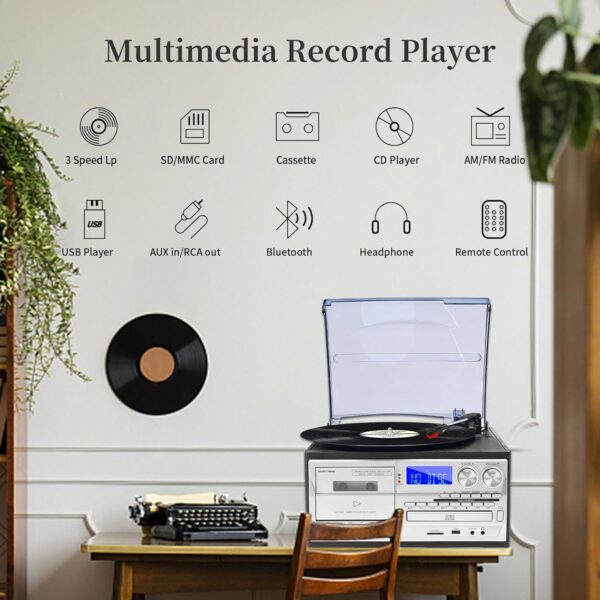 MUSITREND Record Player 9 in 1 3 Speed Bluetooth Vintage Turntable CD Cassette Vinyl Player AM/FM Radio USB/SD Encoding Aux-in RCA Line-Out (Silver)