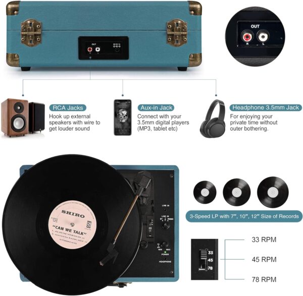 Vinyl Record Player 3-Speed Bluetooth Suitcase Portable Belt-Driven Record Player with Built-in Speakers RCA Line Out AUX in Headphone Jack Vintage Turntable