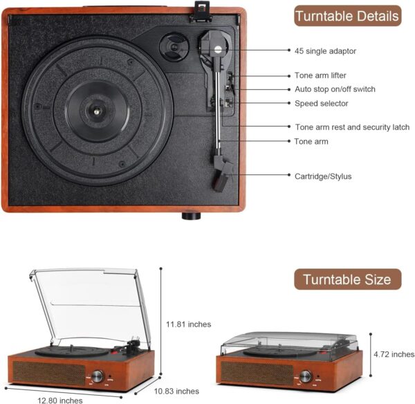 Vinyl Record Player Bluetooth Turntable with 2 Built-in Speakers 3-Speed Vintage LP Player for Entertainment and Home Decoration