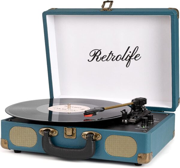 Vinyl Record Player 3-Speed Bluetooth Suitcase Portable Belt-Driven Record Player with Built-in Speakers RCA Line Out AUX in Headphone Jack Vintage Turntable