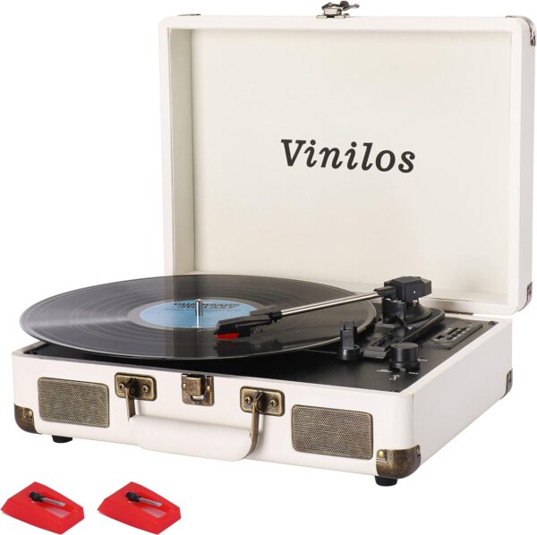 Record Player for Vinyl with Built-in Speakers Bluetooth Output,3 Speed Belt-Driven Phonograph Retro Turntable Player, Portable Vintage Suitcase LP Player USB Recording, Includes 2 Extra Stylus