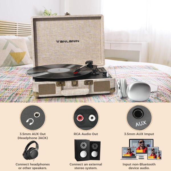 Vinyl Record Player Bluetooth Vintage 3-Speed Portable Suitcase Turntables with Built-in Speakers, Belt-Driven LP Player Support USB Recording AUX-in RCA Line Out Headphone Jack, White