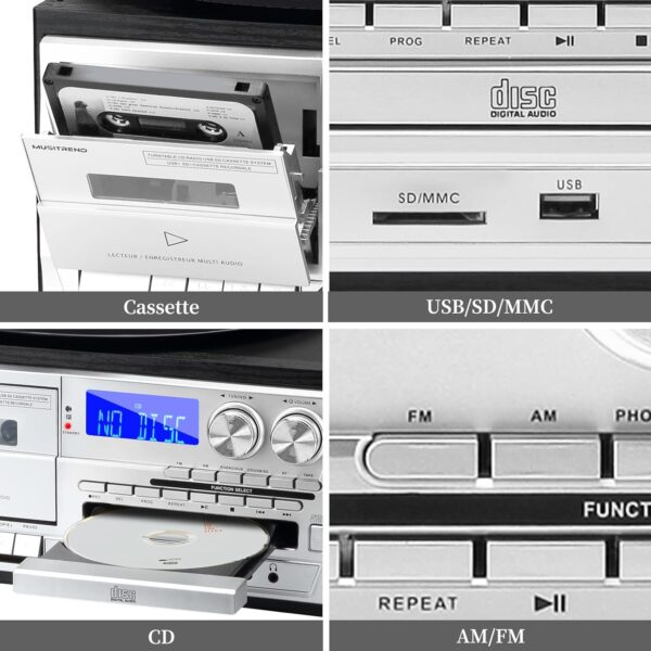 MUSITREND 10 in 1 Record Player with External Speakers,3 Speed Bluetooth Turntable Vinyl Player with CD/Cassette Play,AM/FM Radio, USB/SD Encoding,Aux-in/RCA Line Out