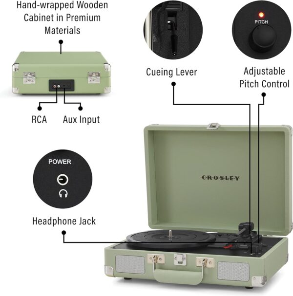 Crosley CR8005F-MT Cruiser Plus Vintage 3-Speed Bluetooth in/Out Suitcase Vinyl Record Player Turntable, Mint