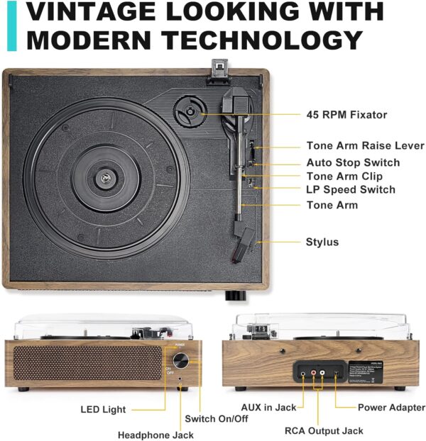 WOCKODER Vinyl Record Players Vintage Turntable for Vinyl Records with Speakers Belt-Driven Turntables Support 3-Speed, Bluetooth Wireless Playback, Headphone, AUX-in, RCA Line LP Vinyl Players Black