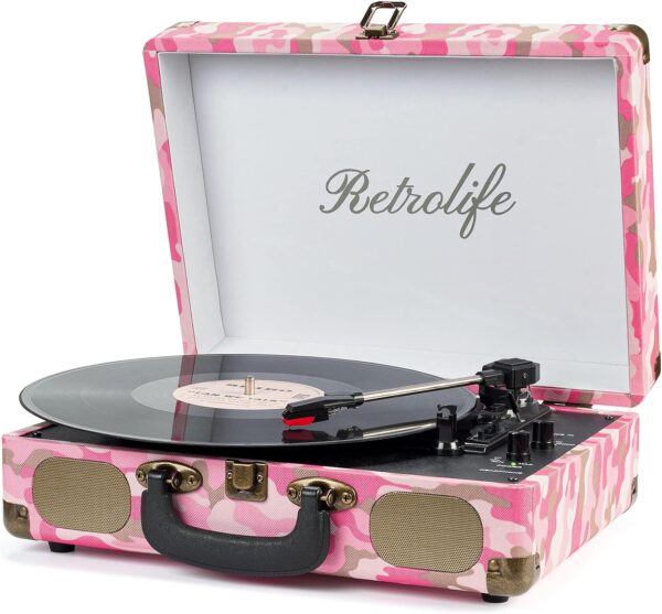 Vinyl Record Player 3-Speed Bluetooth Suitcase Portable Belt-Driven Record Player with Built-in Speakers RCA Line Out AUX in Headphone Jack Vintage Turntable