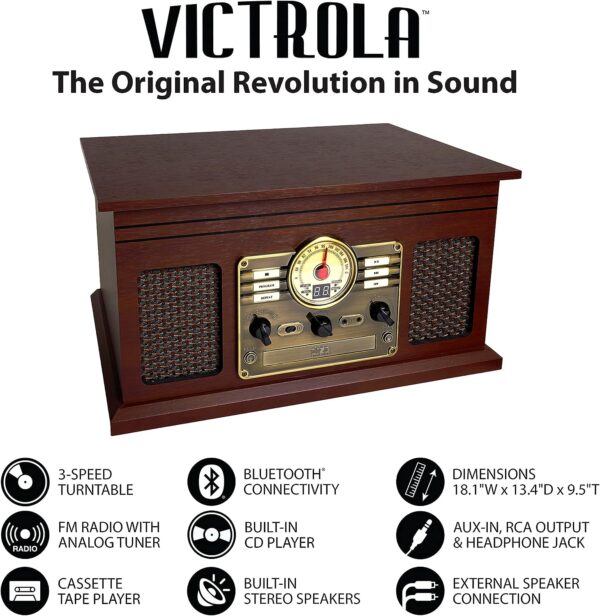 Victrola Nostalgic 6-in-1 Bluetooth Record Player & Multimedia Center with Built-in Speakers - 3-Speed Turntable, CD & Cassette Player, FM Radio | Wireless Music Streaming | Mahogany