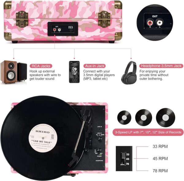 Vinyl Record Player 3-Speed Bluetooth Suitcase Portable Belt-Driven Record Player with Built-in Speakers RCA Line Out AUX in Headphone Jack Vintage Turntable