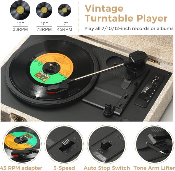 Vinyl Record Player Bluetooth Vintage 3-Speed Portable Suitcase Turntables with Built-in Speakers, Belt-Driven LP Player Support USB Recording AUX-in RCA Line Out Headphone Jack, White