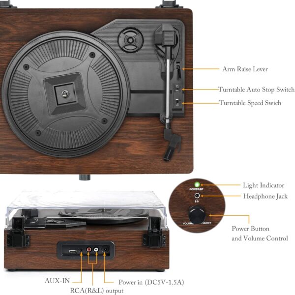 Vinyl Record Player Wireless Turntable with Built-in Speakers and USB Belt-Driven Vintage Phonograph Record Player 3 Speed for Entertainment and Home Decoration