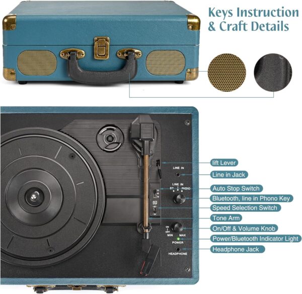 Vinyl Record Player 3-Speed Bluetooth Suitcase Portable Belt-Driven Record Player with Built-in Speakers RCA Line Out AUX in Headphone Jack Vintage Turntable