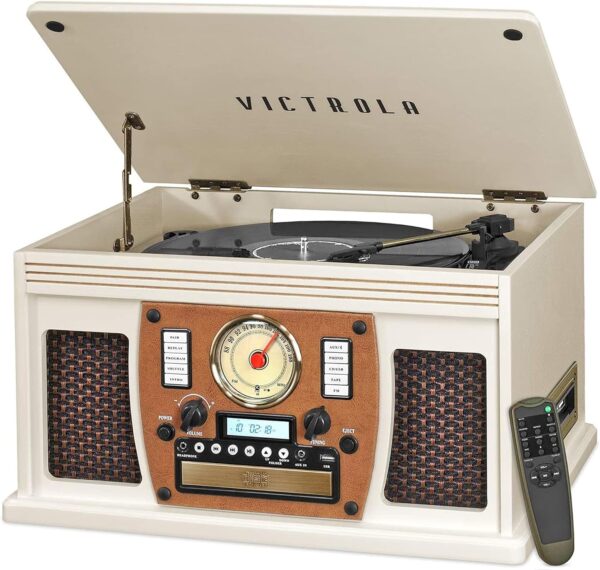 Victrola 8-in-1 Bluetooth Record Player & Multimedia Center, Built-in Stereo Speakers - Turntable, Wireless Music Streaming, Real Wood | Oak