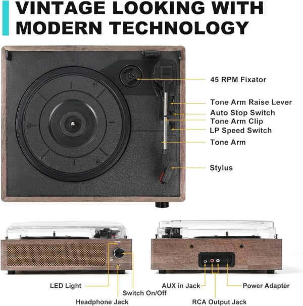 WOCKODER Vinyl Record Players Vintage Turntable for Vinyl Records with Speakers Belt-Driven Turntables Support 3-Speed, Bluetooth Wireless Playback, Headphone, AUX-in, RCA Line LP Vinyl Players Black