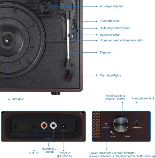 Vinyl Record Player Bluetooth Turntable with 2 Built-in Speakers 3-Speed Vintage LP Player for Entertainment and Home Decoration