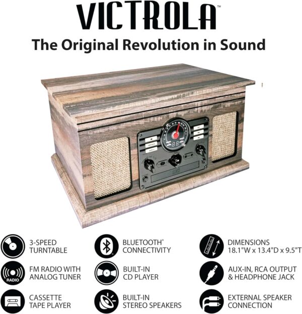 Victrola Nostalgic 6-in-1 Bluetooth Record Player & Multimedia Center with Built-in Speakers - 3-Speed Turntable, CD & Cassette Player, FM Radio | Wireless Music Streaming | Mahogany